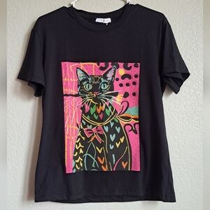 NWT Womans Black Pink Gem Sequin Rhinestone Embelished Cat Graphic Print Tee S